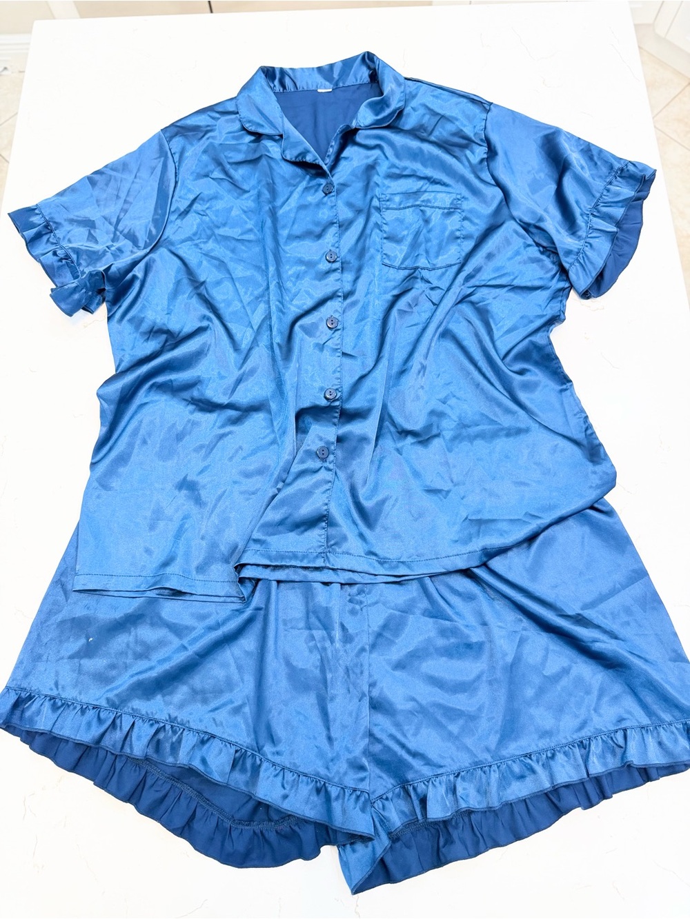 Silky Teal Blue Short-Sleeve Button Pajama Set